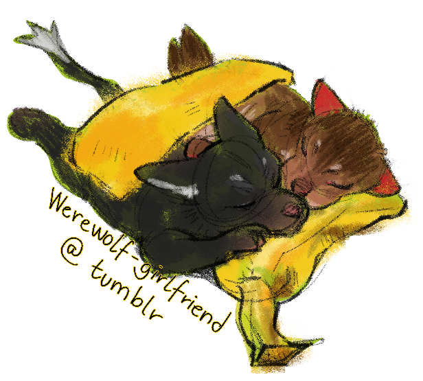 Two puppy-sized fursonas, a black fox and a brown wolf, sleeping next to each other. They have a banana as a pillow and a half cheese slice as a blanket.